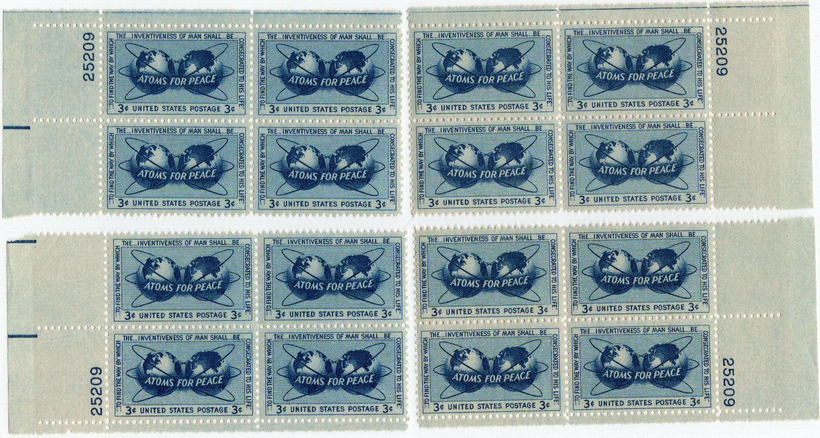 Scott #1070 Nuclear Energy Matched Set of Plate Blocks of 4 Stamps - MNH P#25209