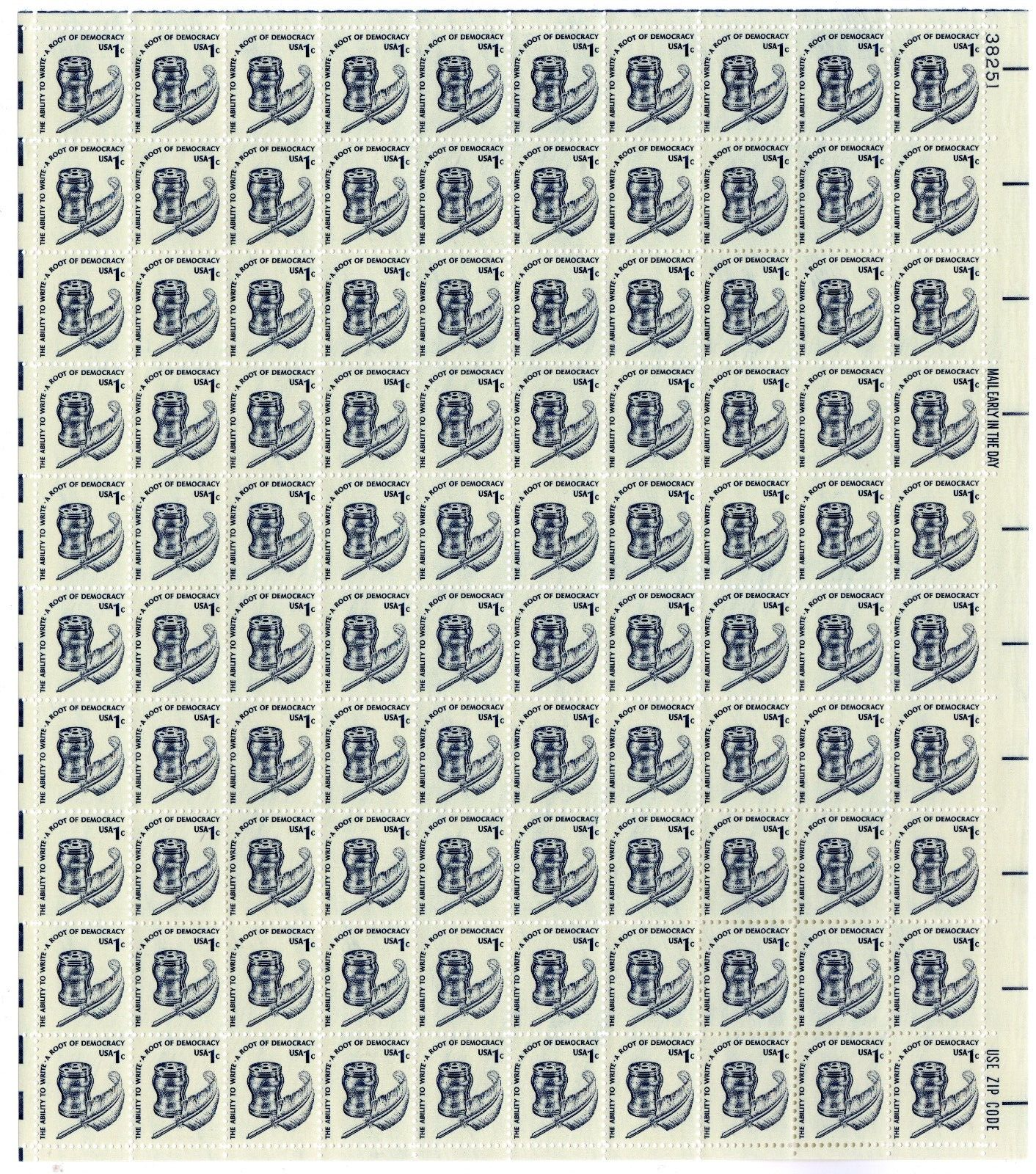Scott #1581 Inkwell and Quill Shiny Gum Sheet of 100 Stamps - MNH P#38251 UR