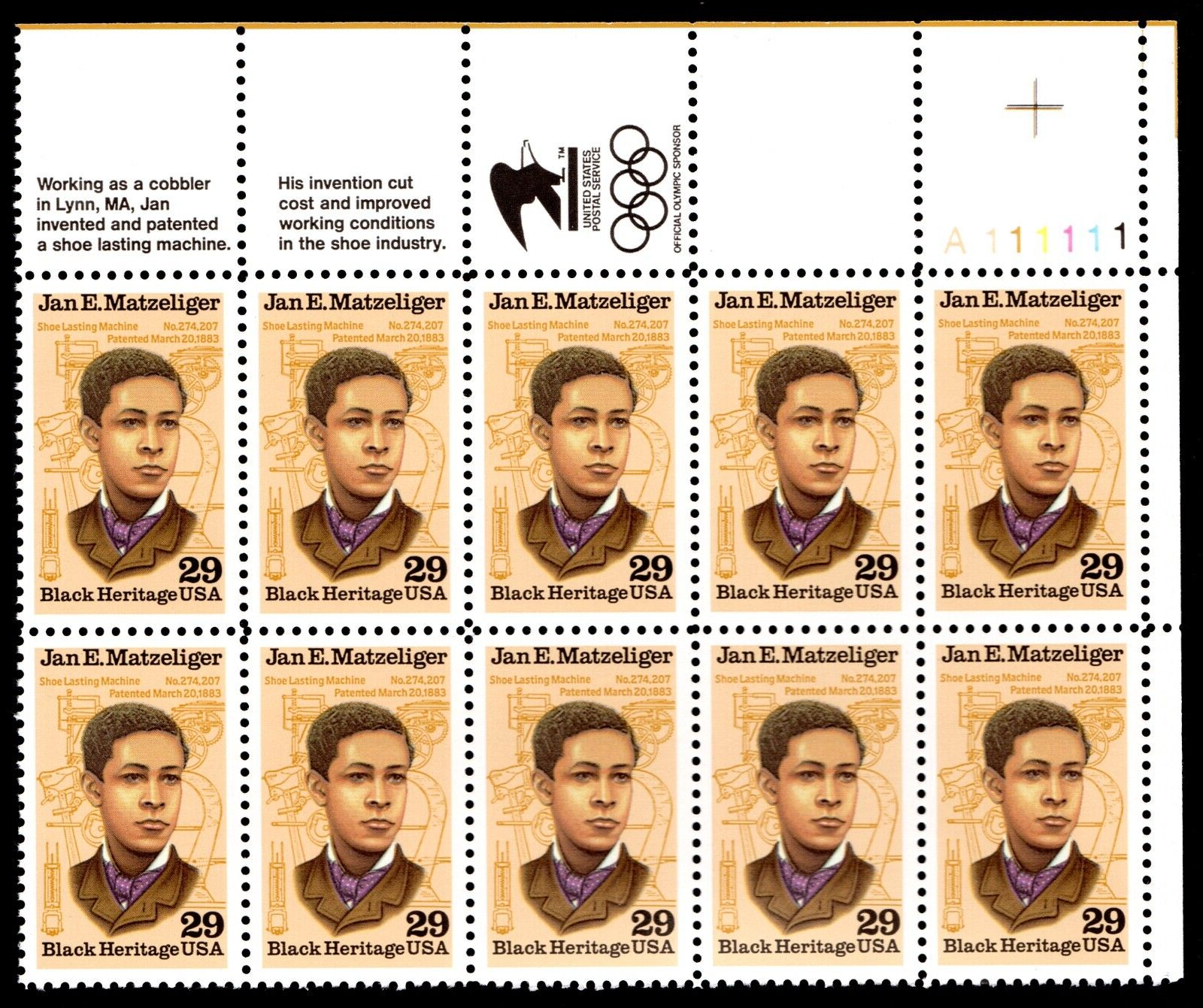 Scott #2567 Jan Matzeliger Black Heritage Plate Block of 10 Stamps - MNH