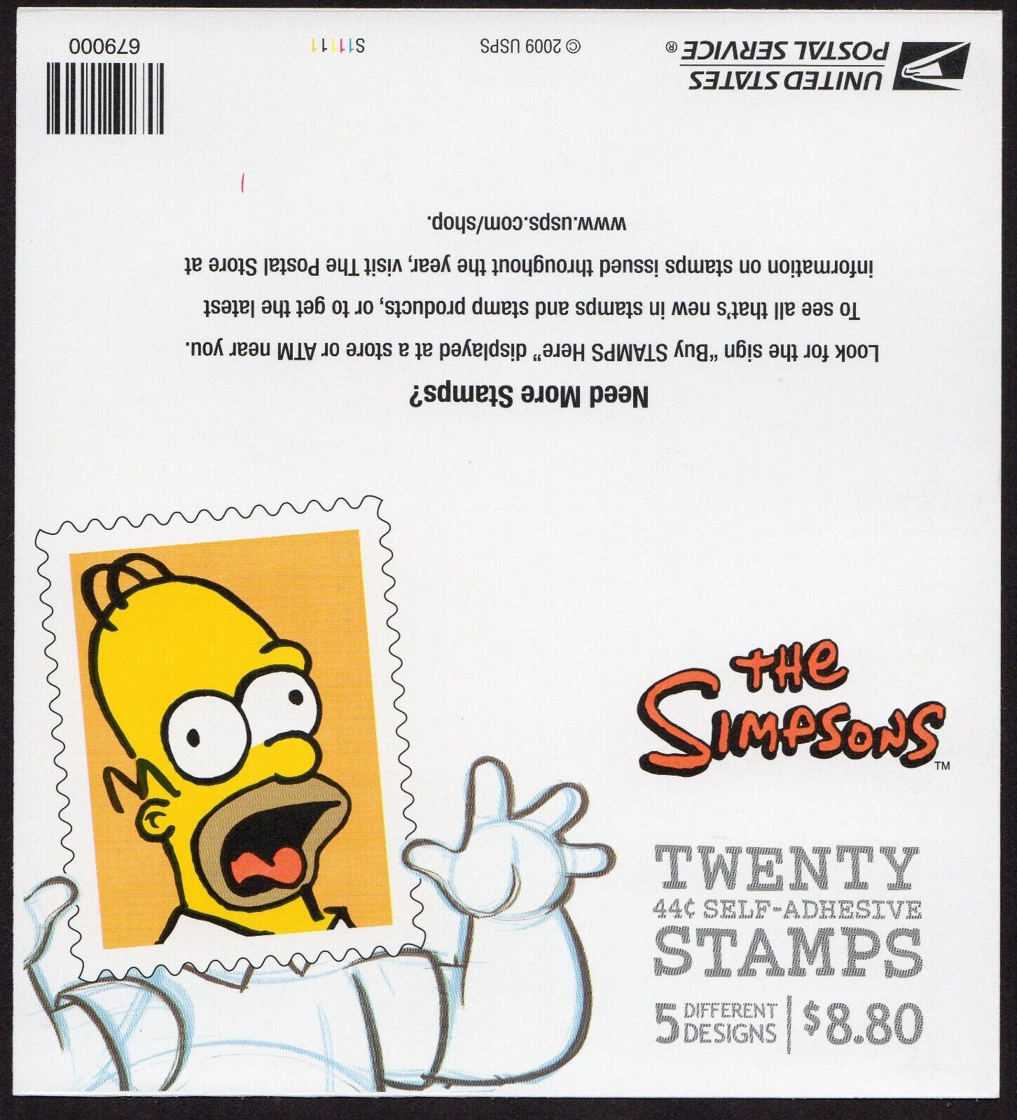 Scott #4403b 44¢ Simpsons Booklet of 20 Stamps - MNH Homer on Back