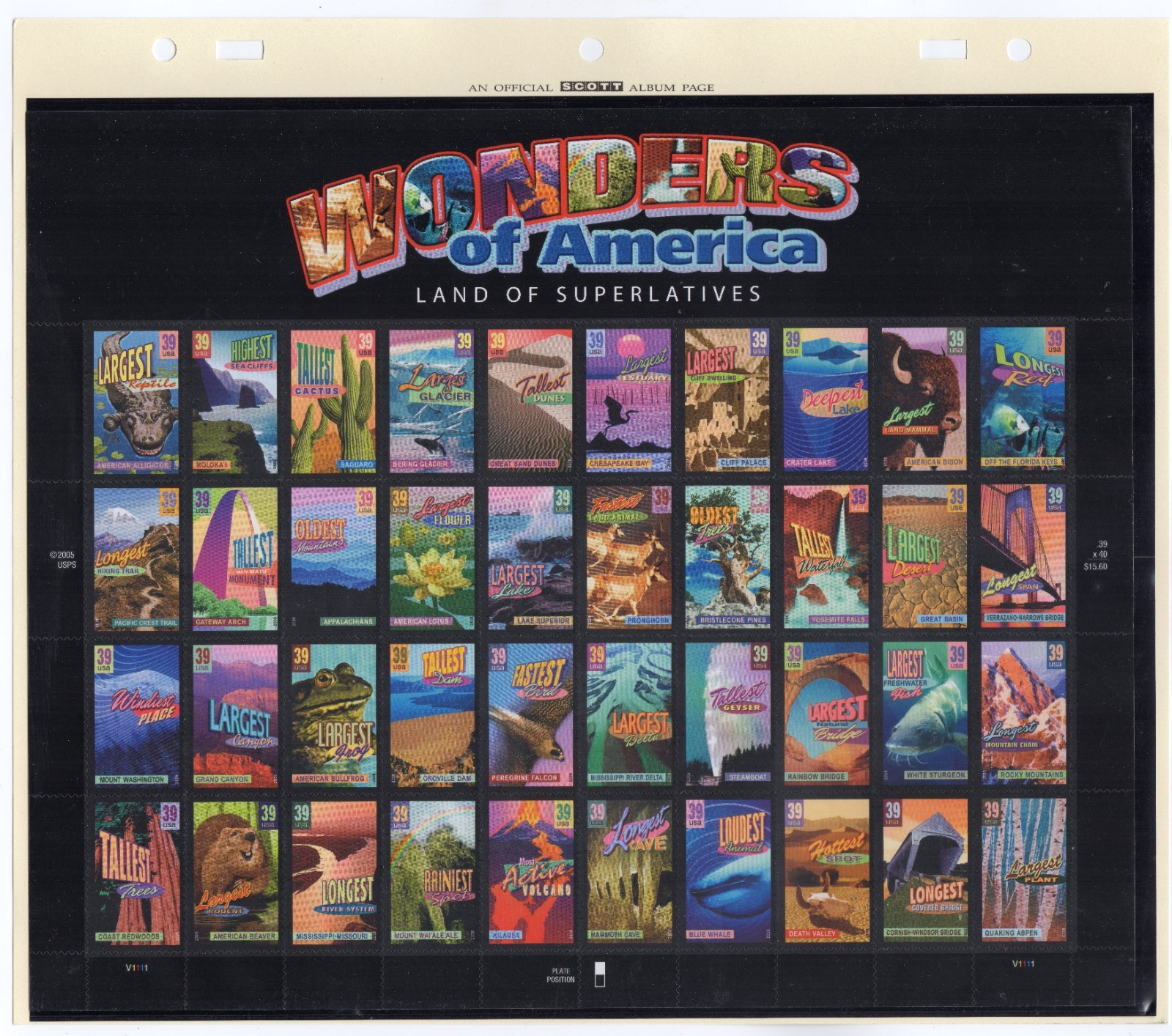 Scott #4072a Wonders of America Full Sheet of 40 Stamps - MNH mounted Scott page