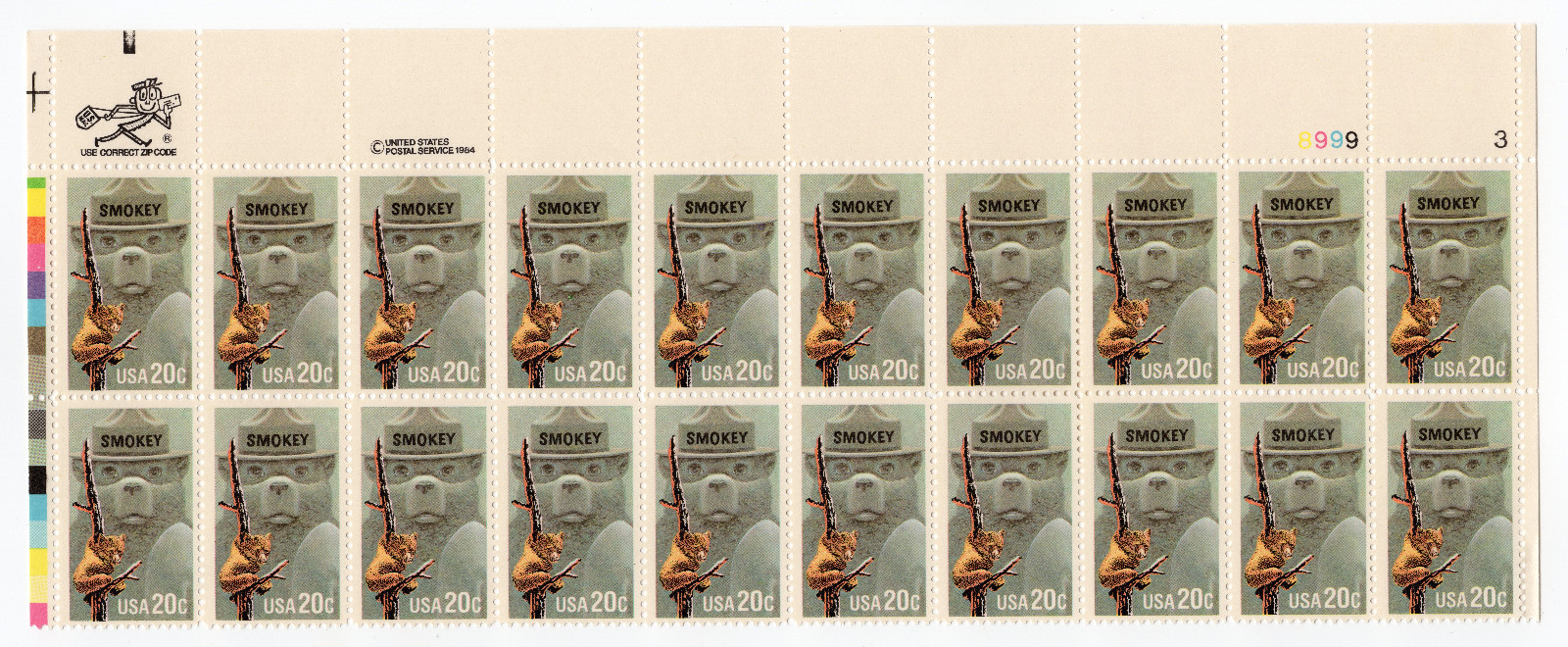 Scott #2096 Smokey Bear Plate Block of 20 Stamps - MNH P#8999-3 UR