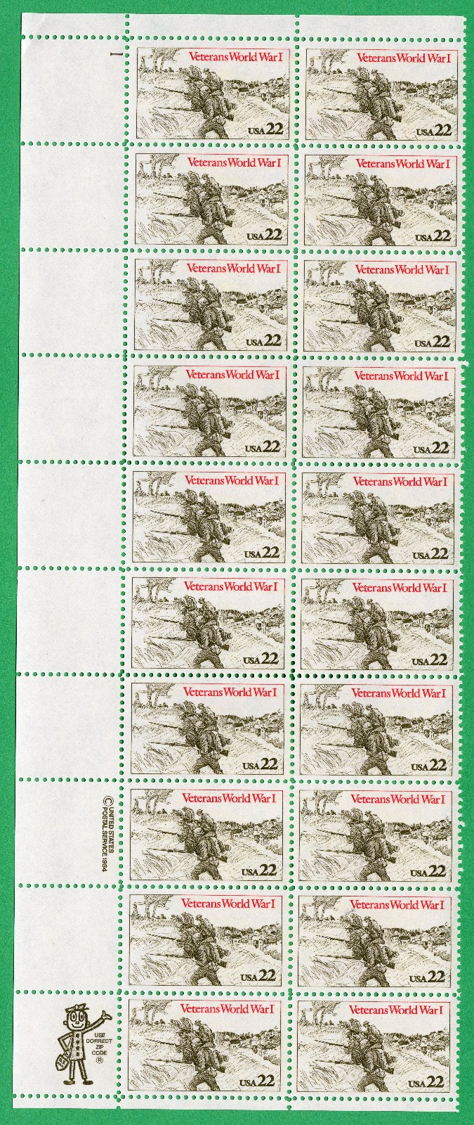 Scott #2154 Veterans World War 1 Plate Block of 20 Stamps - MNH P#1 UL