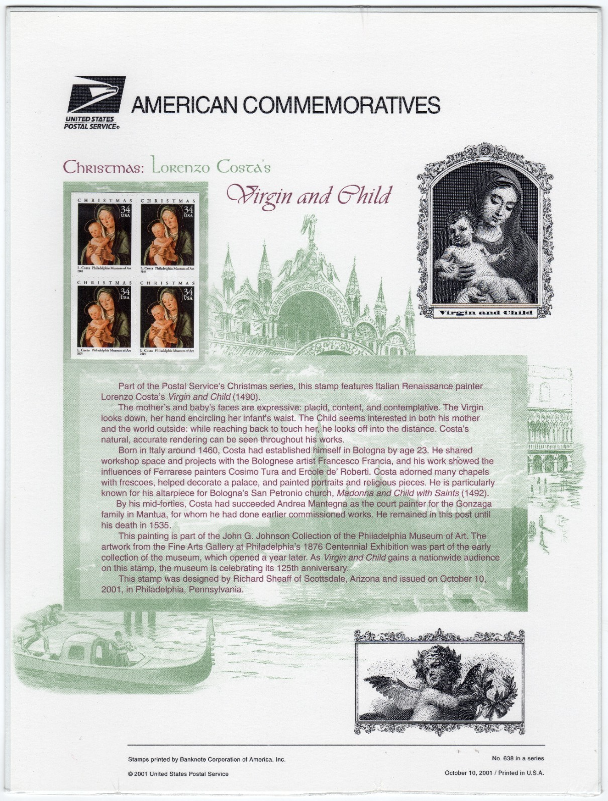 Scott #CP635 #3536 Madonna: Virgin & Child Commemorative Panel Block of 4 Sealed