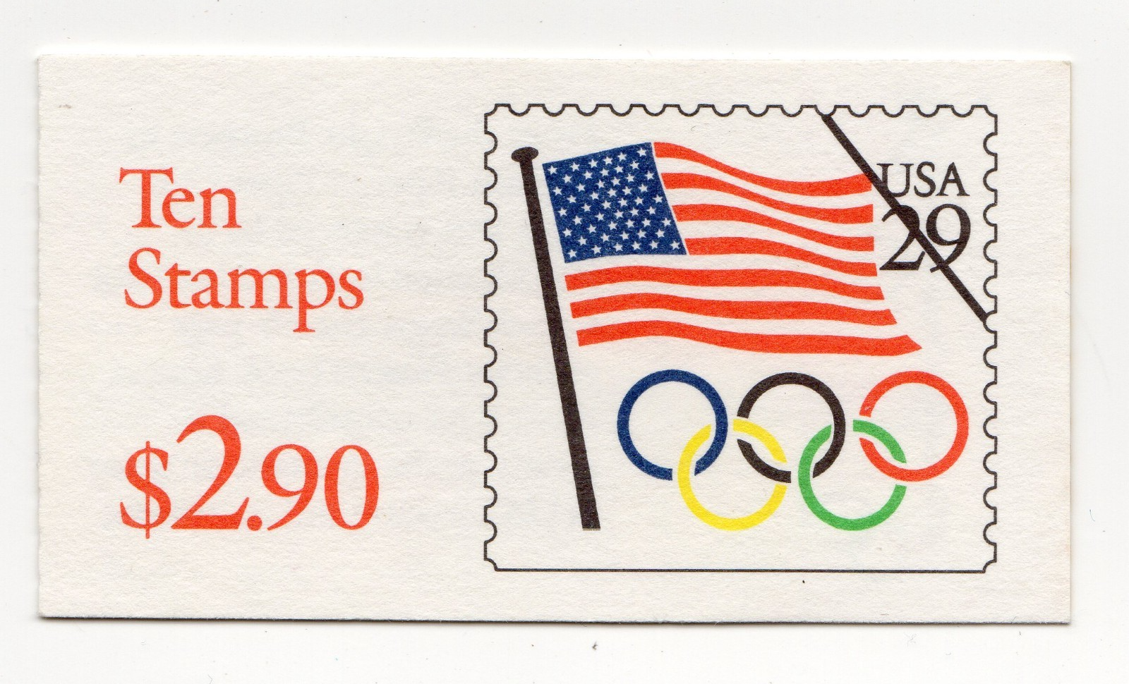 Scott #BK186A 29¢ Flag & Olympic Rings Booklet of 10 Stamps - MNH Red Red Cover