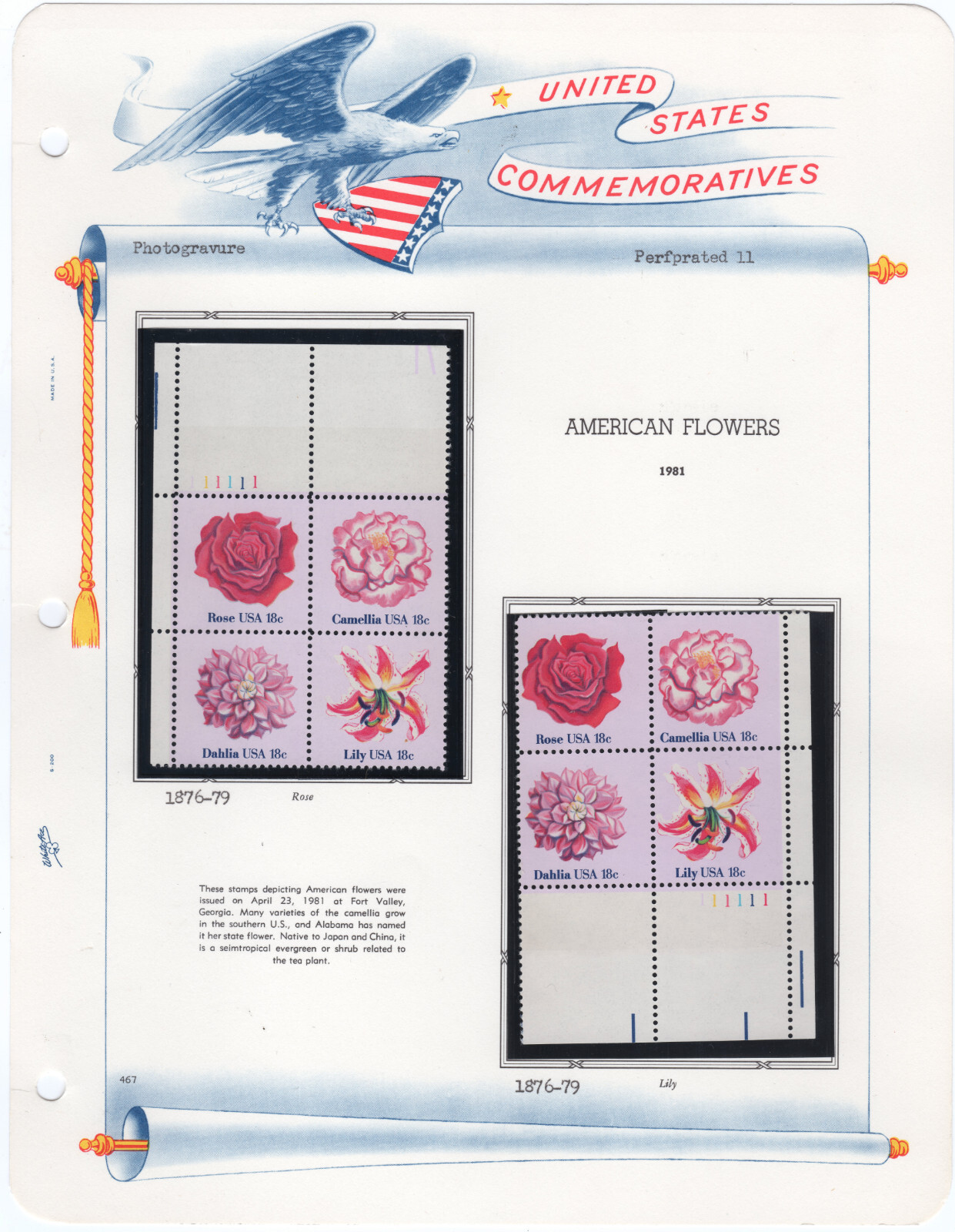 Scott #1879a (1876-79) Flowers Plate Blocks - White Ace Album Page Mount - MNH