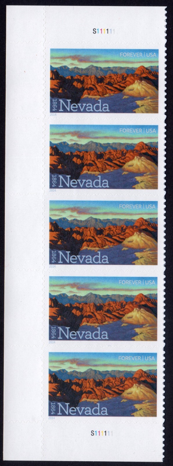 Scott #4907 Nevada Plate Block (Vertical Strip) of 5 Forever Stamps - MNH Left