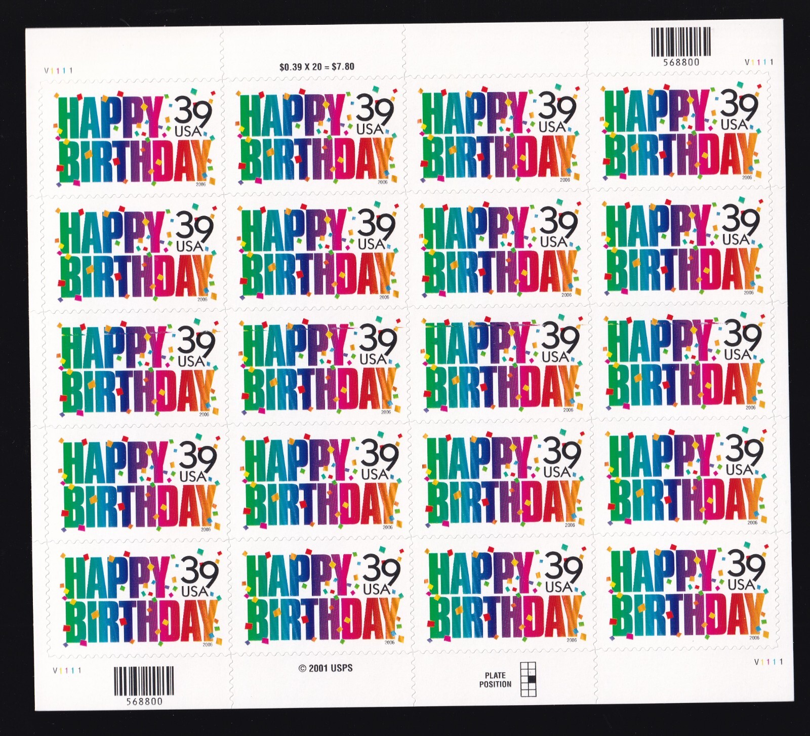 Scott #4079 Happy Birthday Sheet of 20 Stamps - MNH