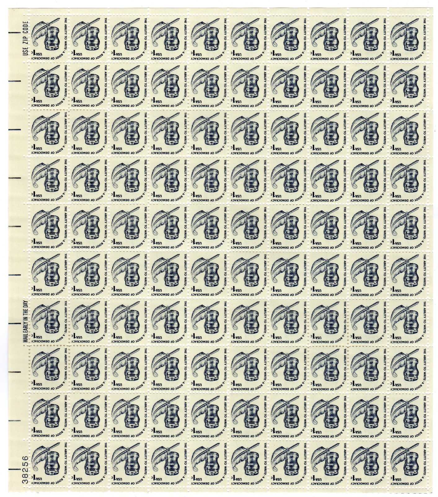 Scott #1581 Inkwell and Quill Shiny Gum Sheet of 100 Stamps MNH P#38256 LL PC#1