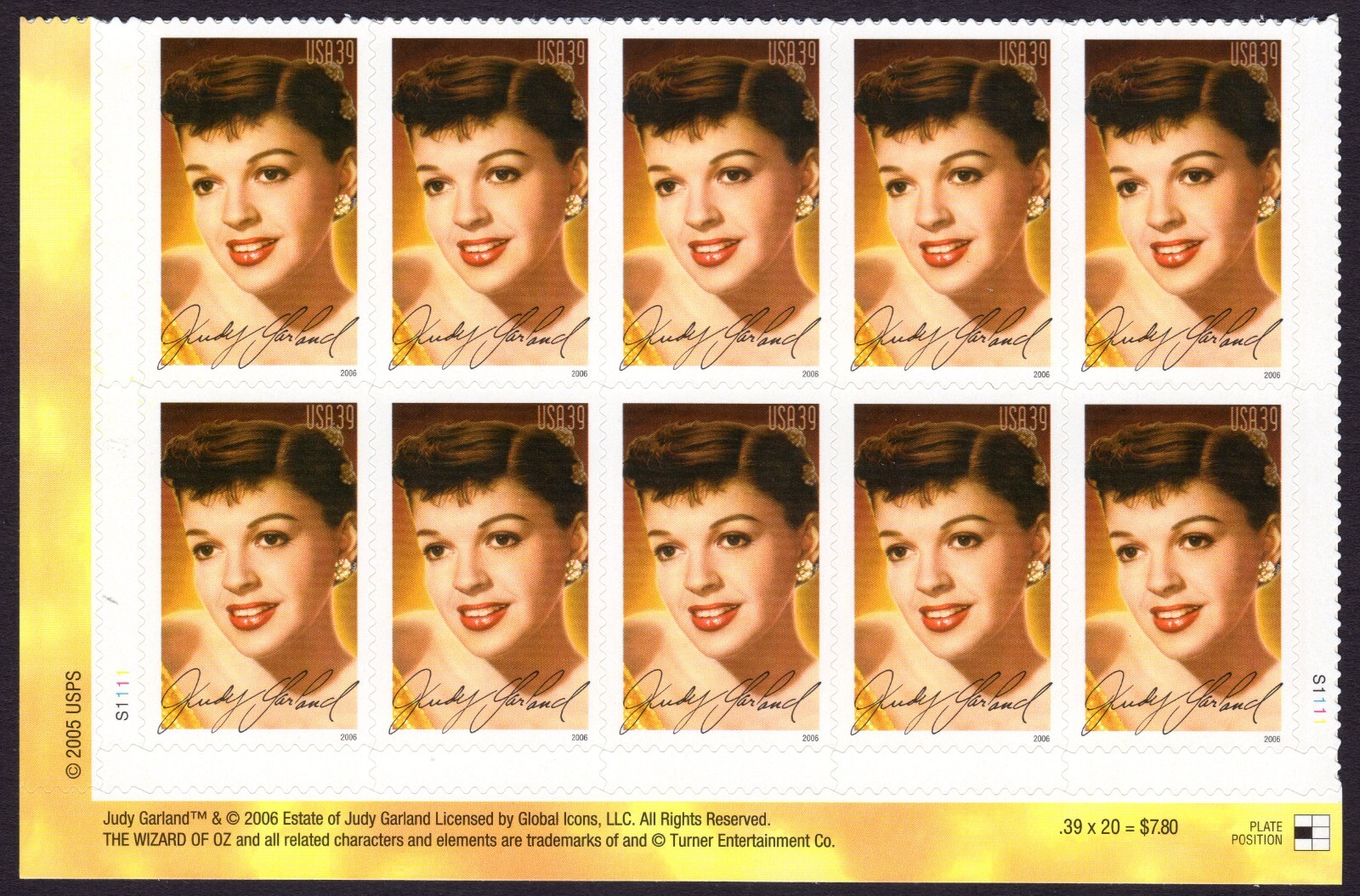 Scott #4077 Judy Garland (Legends of Hollywood) Plate Block of 10 Stamps MNH LL