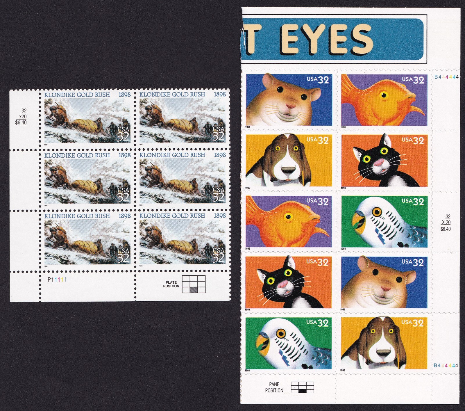 Scott #3234a-3235 Bright Eyes Klondike Gold Plate Block of 6 & 10 Stamps - MNH