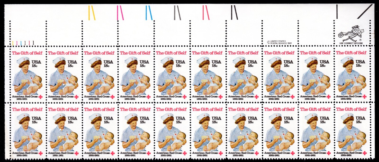 Scott #1910 Gift of Self (Red Cross) Plate Block of 20 Stamps - MNH