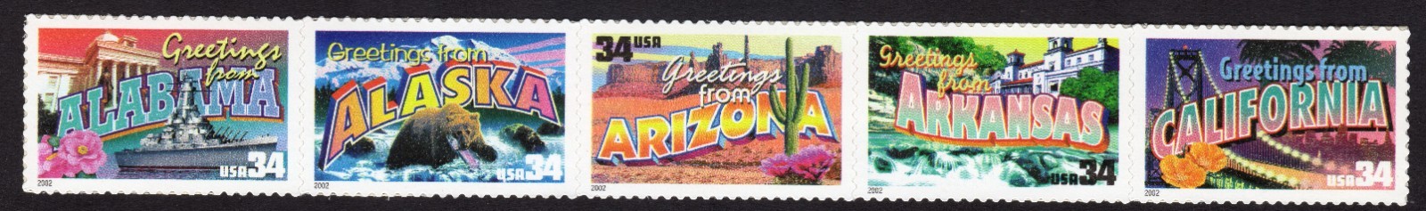 SCOTT #3561-3565 (3610a) Greetings America Block of 5 Stamps - MNH