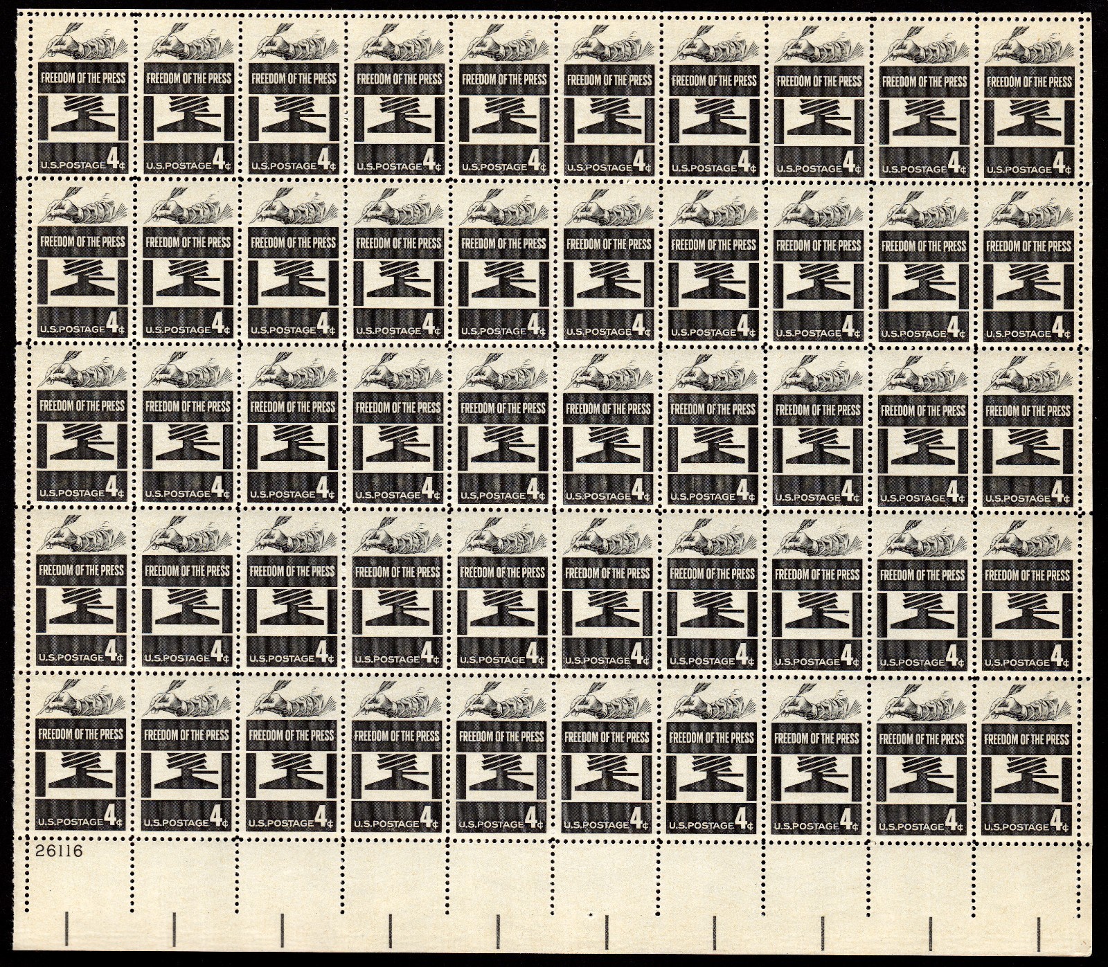 Scott #1119 Freedom of the Press Sheet of 50 Stamps - MNH P#26116 LL