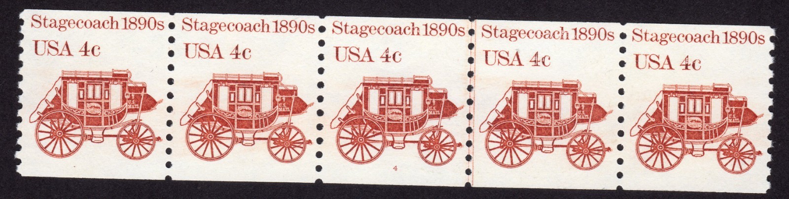 Scott #1898A Stagecoach Transportation Plate # (PNC5) Coil of 5 Stamps - MNH P#4