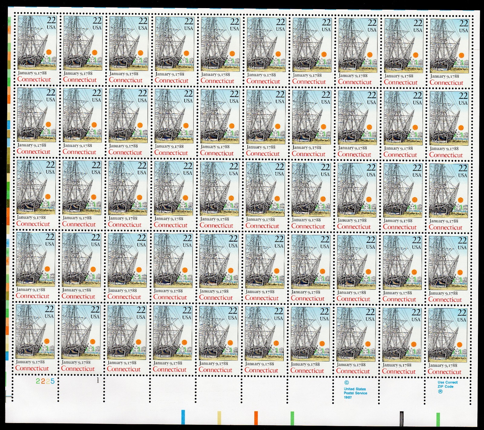 Scott #2340 Connecticut Sheet of 50 Stamps - MNH P#2225-1 LL