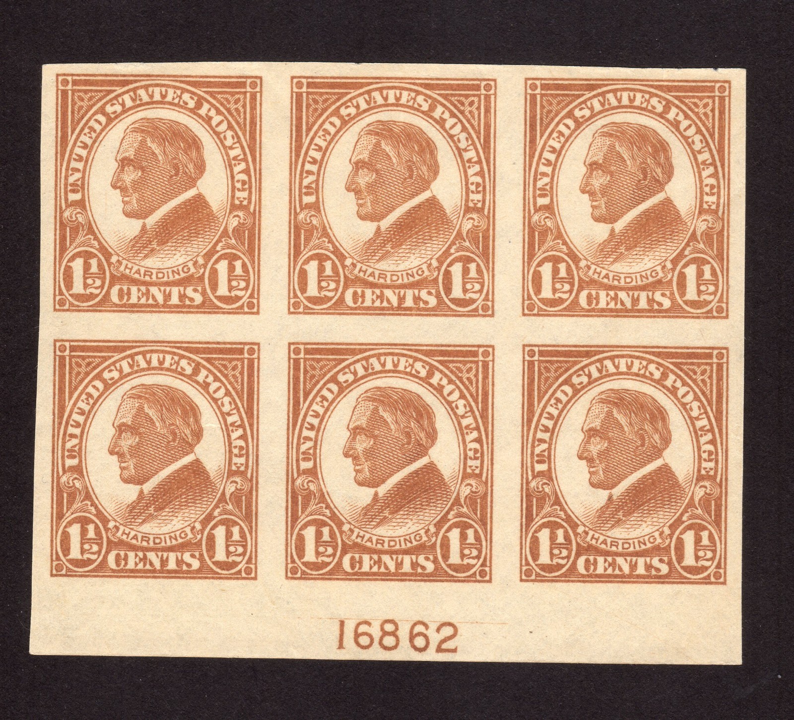 Scott #576 Warren Harding Imperf Plate Block of 6 Stamps - MNH