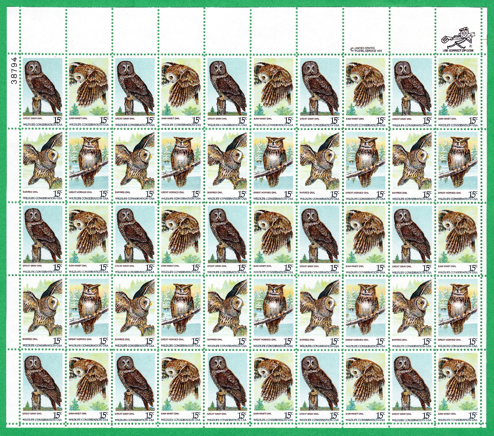 Scott #1763a (1760-63) 15¢ Owls Sheet of 50 Stamps - MNH P#38794 UL