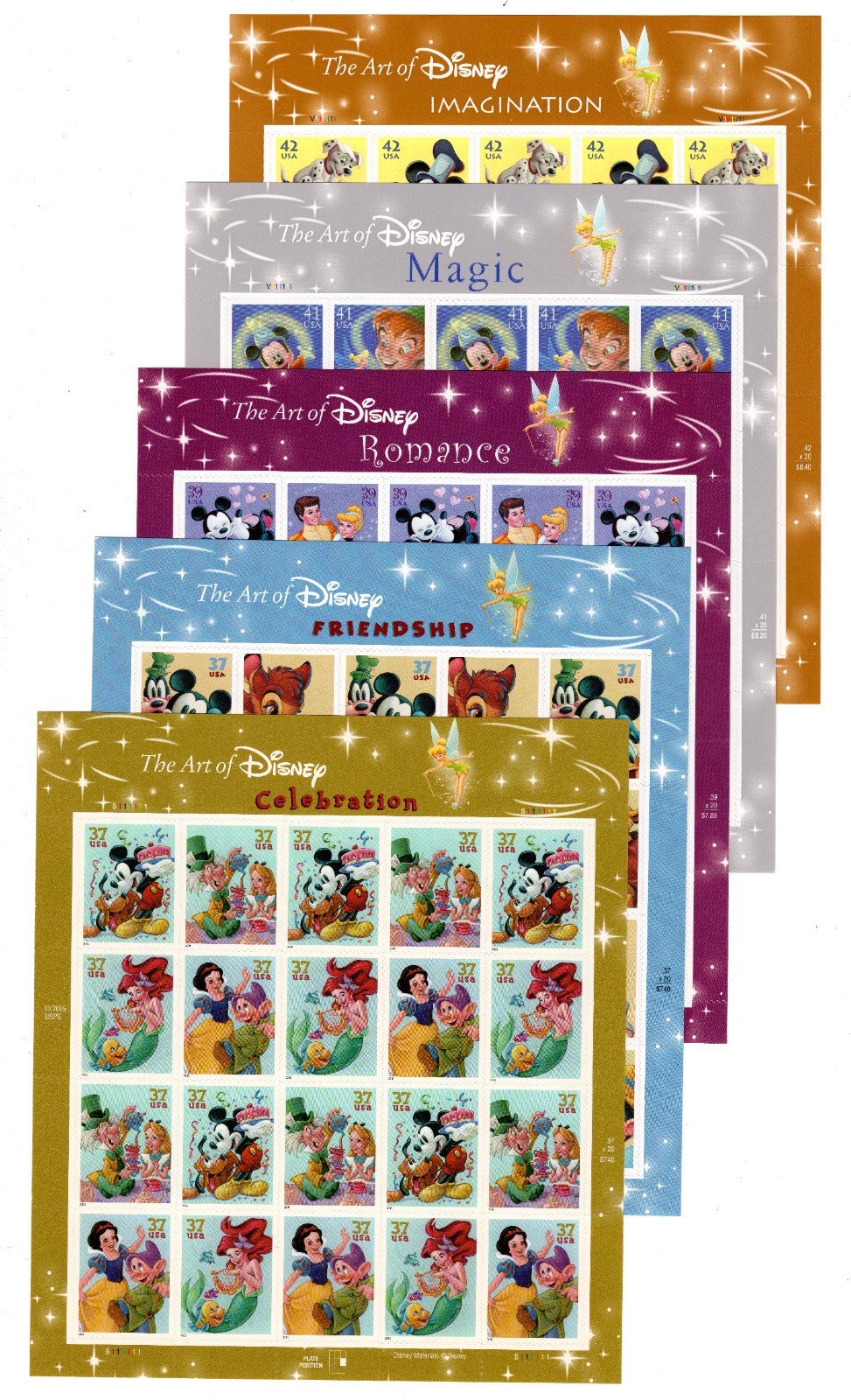 Scott #3868a-3915a-4028a-4195a-4345a Disney Animations Sheets of 20 Stamps - MNH