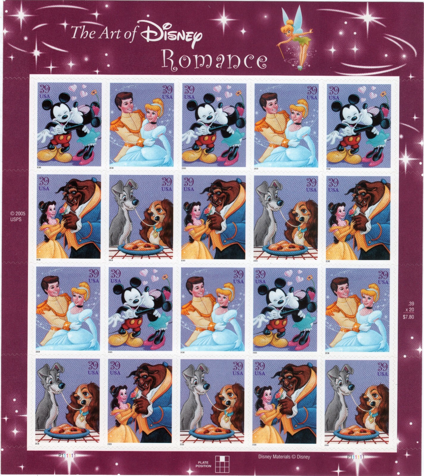 Scott #4028a (4025-28) Disney Romance Sheet of 20 Stamps - MNH