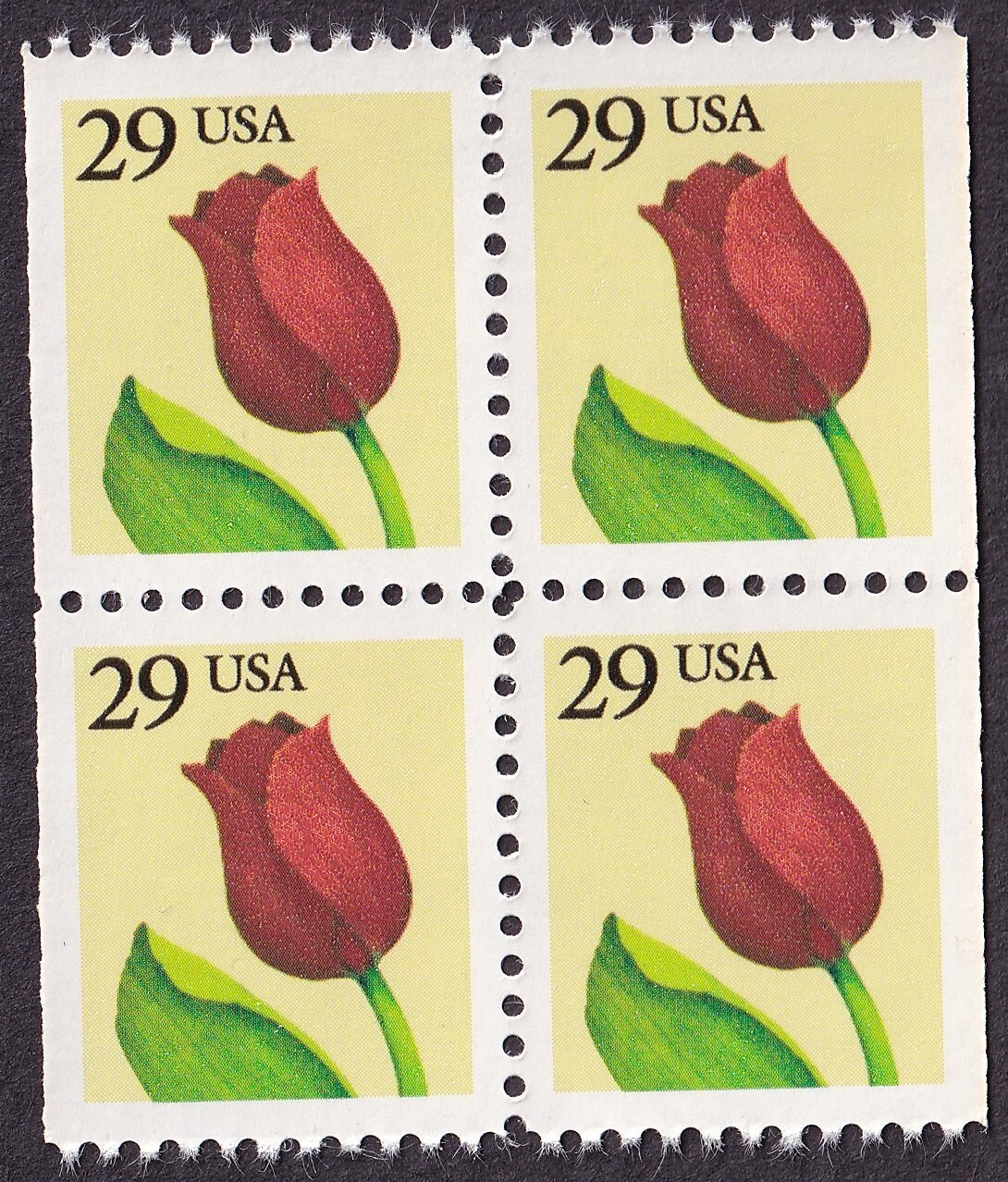Scott #2527a (BK105) Red Tulip Booklet Block of 4 Stamps - MNH