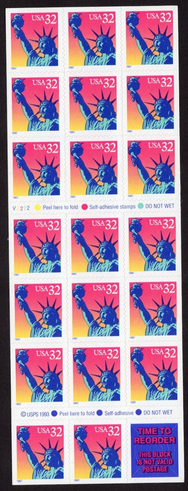 Scott #3122Ef 32¢ Statue of Liberty Booklet of 20 Stamps MNH (NDVH Back) P#V2222