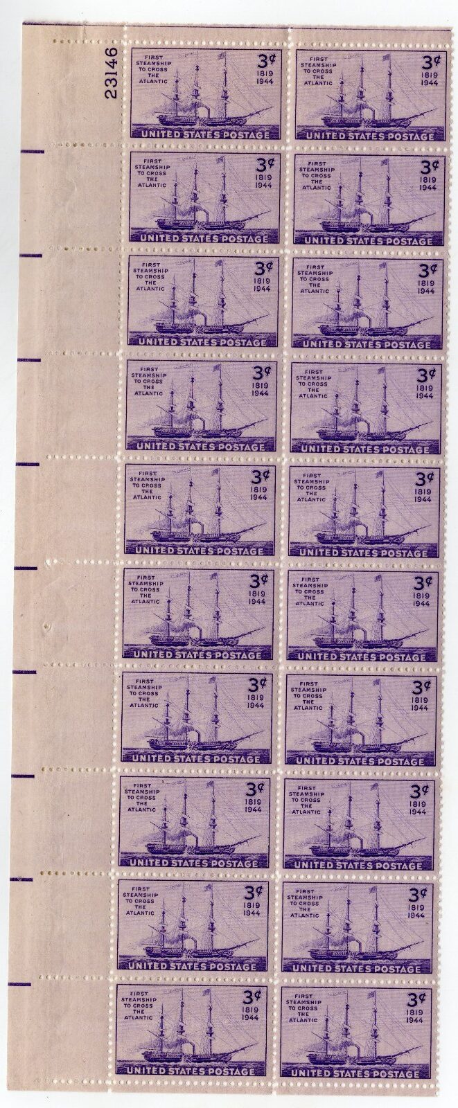Scott #923 Steamship Cross the Atlantic Plate Block of 20 Stamps MNH P#23146 UL