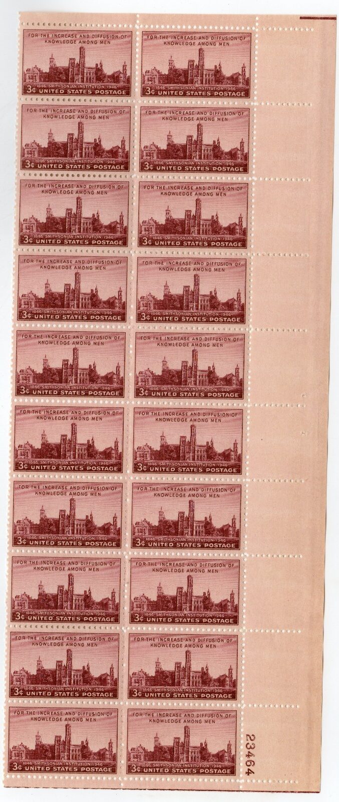 Scott #943 Smithsonian Institution Plate Block of 20 Stamps - MNH P#23464 LR