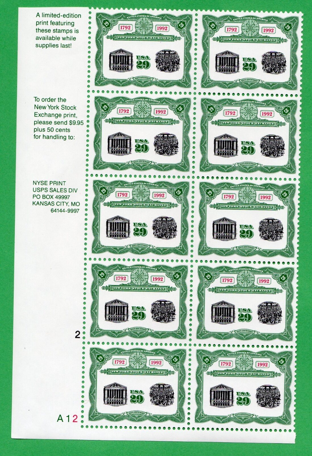 Scott #2630 New York Stock Exchange Plate Block of 10 Stamps - MNH P#A12-2 LL