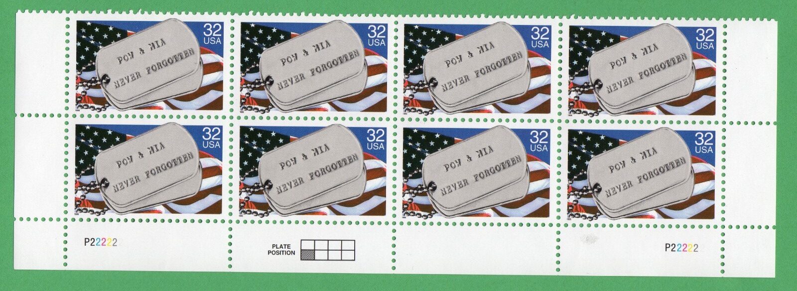 Scott #2966 POW MIA (Veterans) Plate Block of 8 Stamps - MNH P#P2222 Bottom