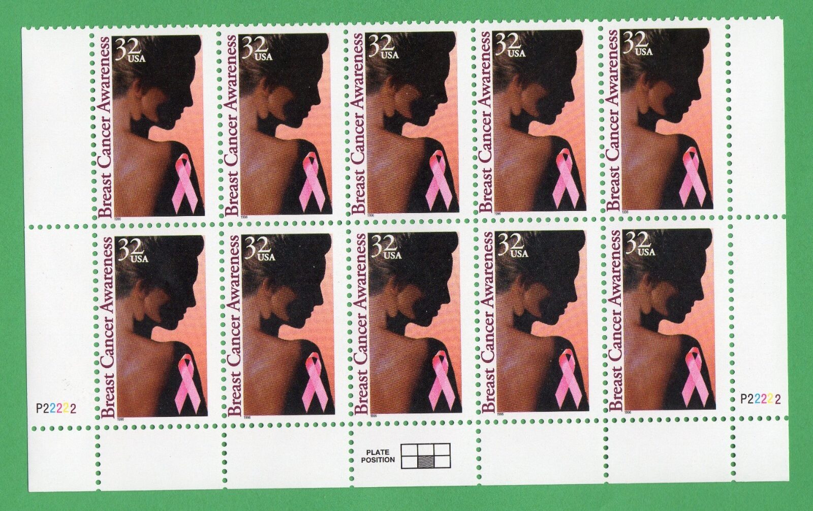 Scott #3081 Breast Cancer Awareness Plate Block of 10 32¢ Stamps MNH P#P22222 LR