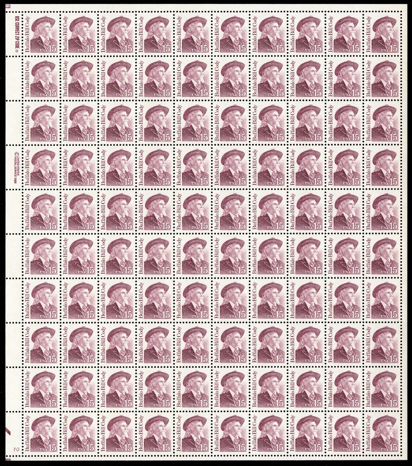 Scott #2177b Buffalo Bill Cody Sheet of 100 Stamps - MNH P#2 LL XF