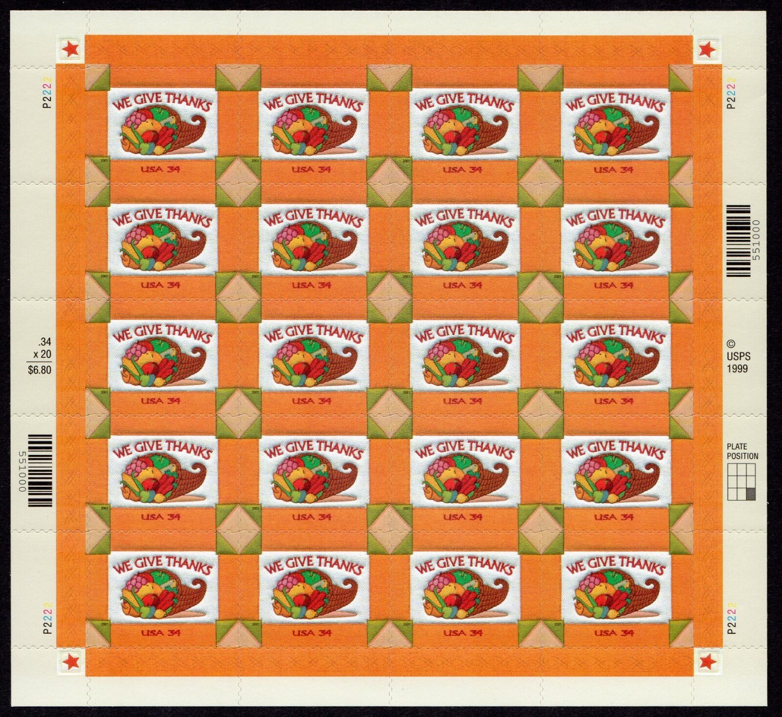 Scott #3546 Thanksgiving (We Give Thanks) Sheet of 20 Stamps - MNH P#P2222