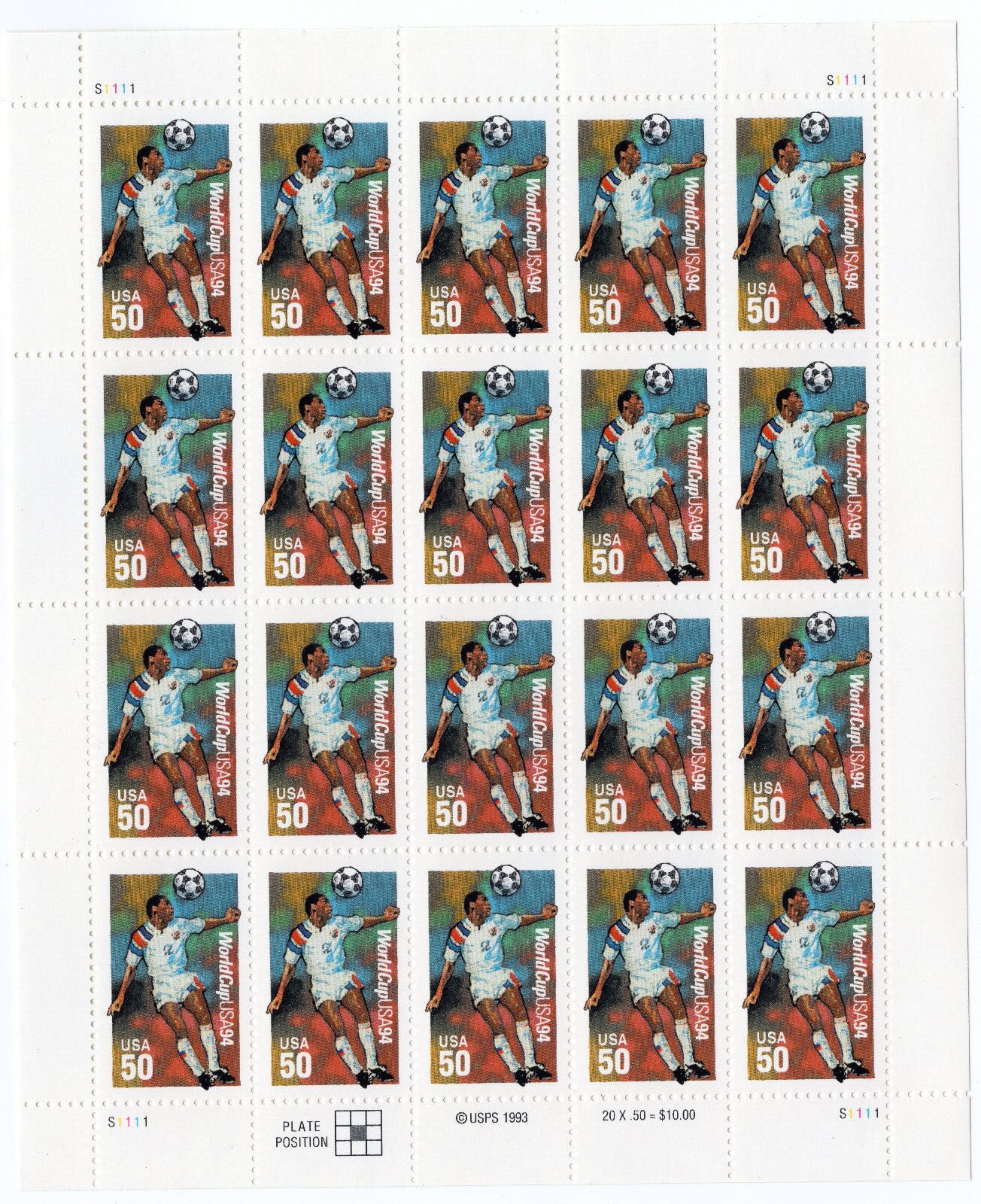 Scott #2836 World Cup Soccer 50c Sheet of 20 Stamps - MNH