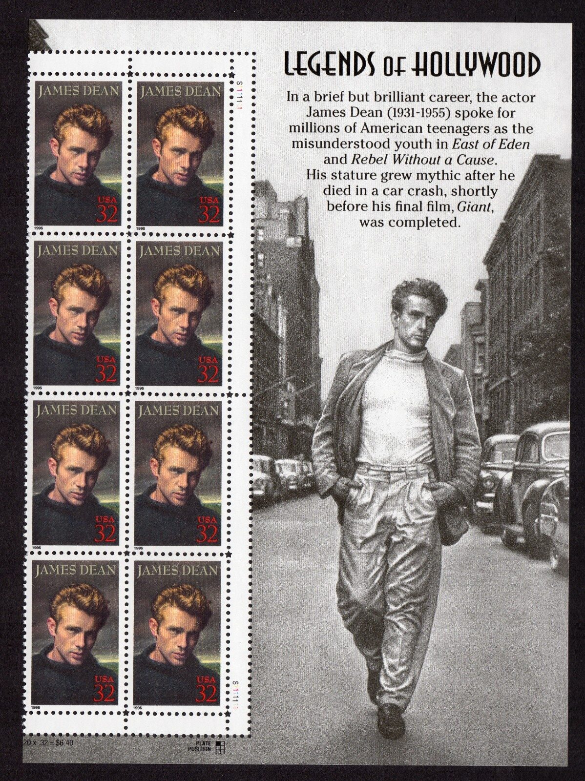 Scott #3082 James Dean Title Plate Block of 8 Stamps - MNH