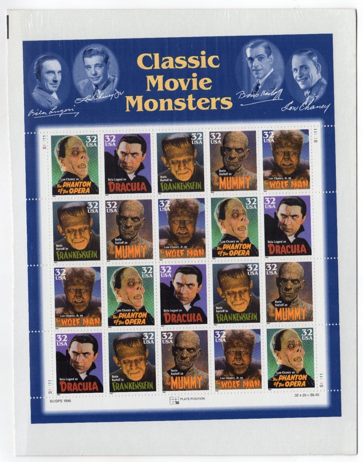 Scott #3172a Classic Movie Monsters Sheet of 20 Stamps - Sealed Item #442543