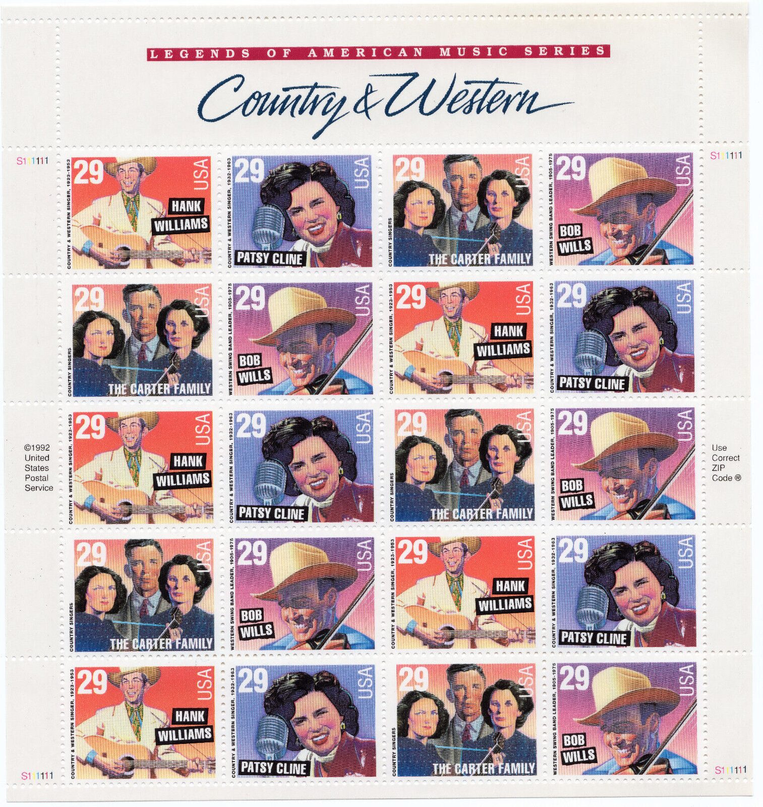 Scott #2774a (2771- 74) Country & Western Sheet of 20 Stamps - MNH