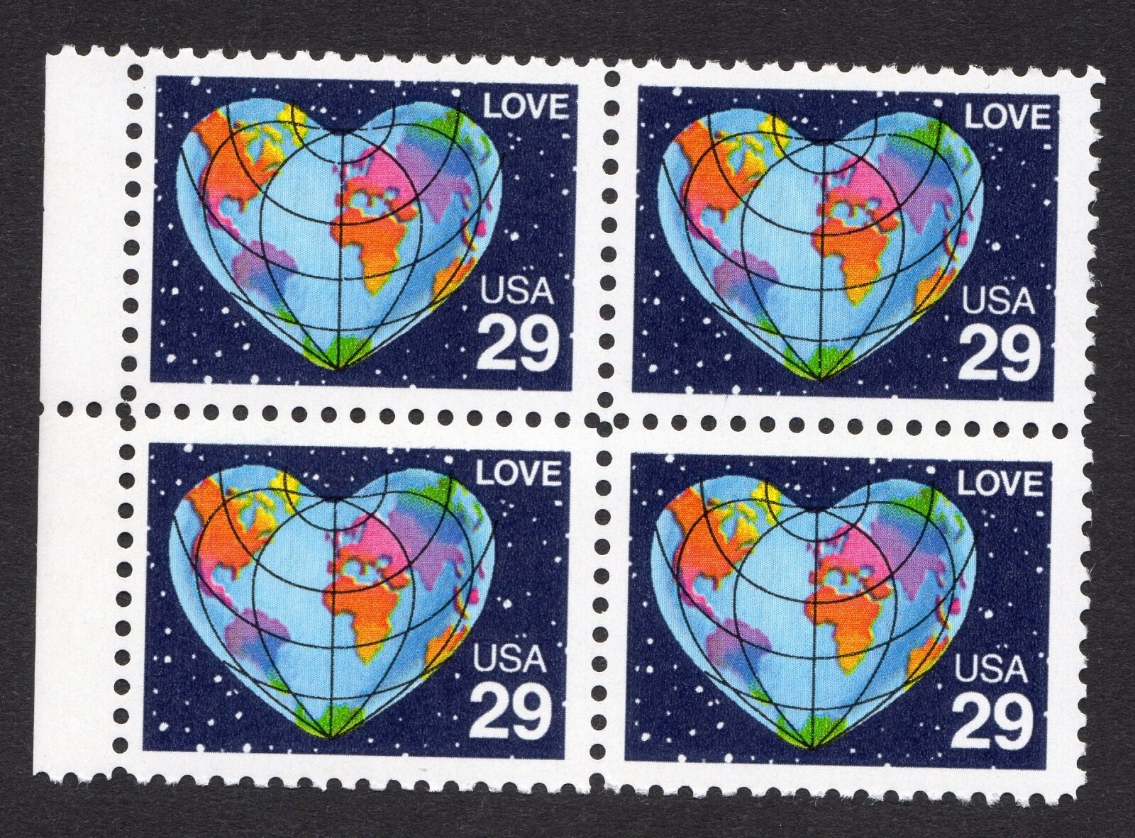 Scott #2535A Heart Globe Map Block of 4 Stamps - MNH