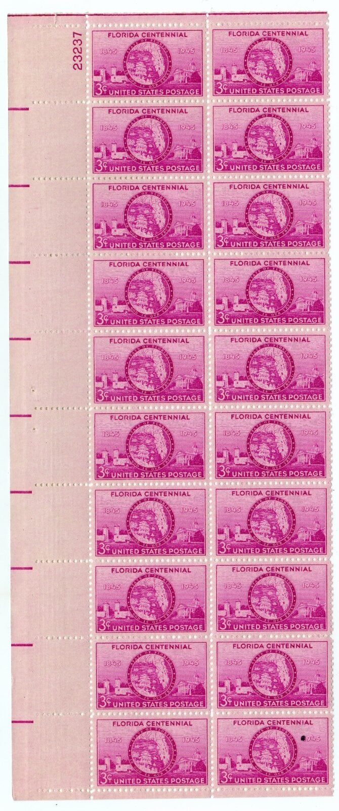 Scott #927 Florida Plate Block of 20 Stamps - MNH P#23237 UL