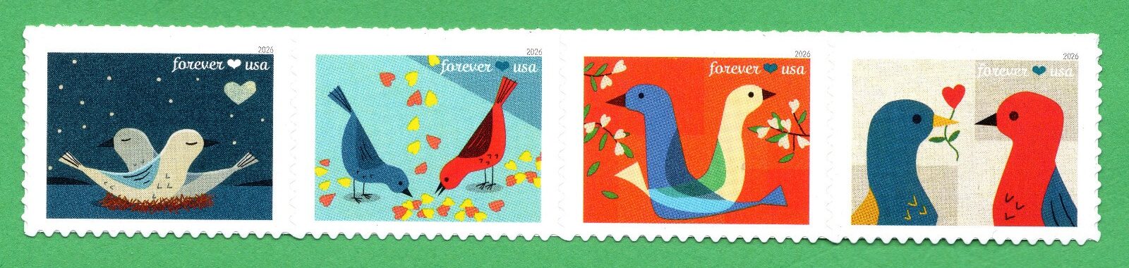 Scott #6049a (6046) Love Birds Strip of 4 Forever Stamps - MNH