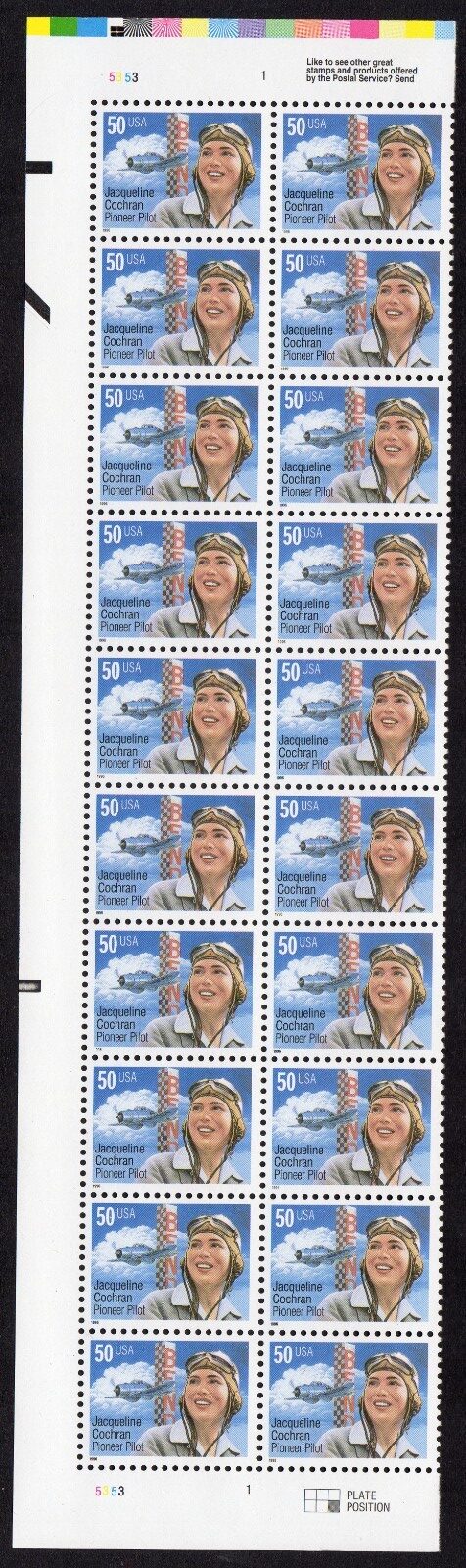 Scott #3066 Jacqueline Cochran Plate Block of 20 Stamps- MNH P#5353-1 Left