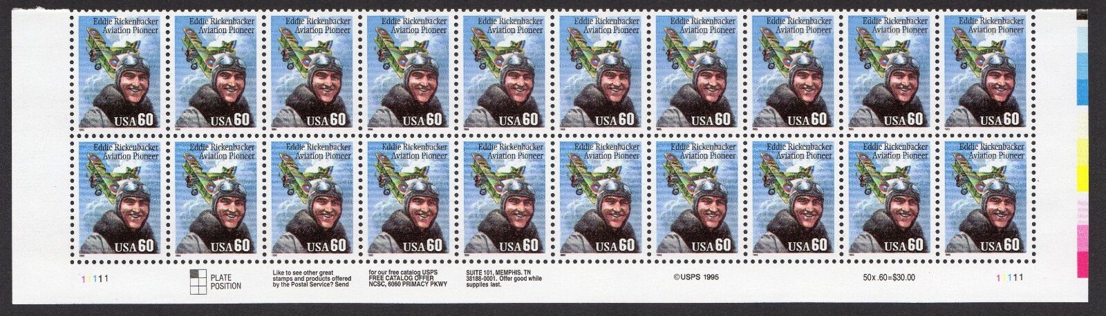Scott #2998 Eddie Rickenbacker (Pilot) Plate Block Of 20 Stamps - MNH