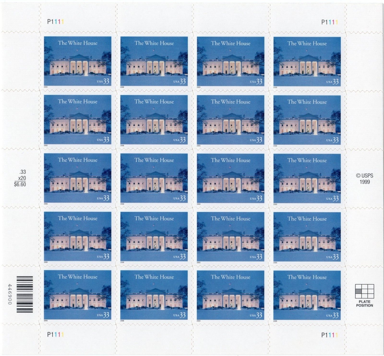 Scott #3445 White House in Winter Sheet of 20 Stamps - MNH