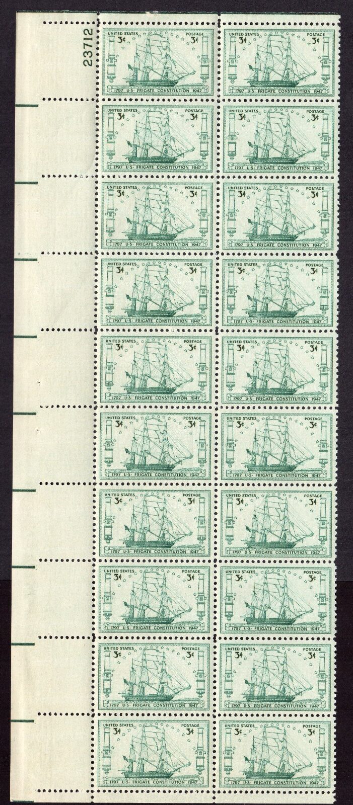 Scott #951 Frigate Constitution Plate Block of 20 Stamps - MNH P#23712 UL VF/XF