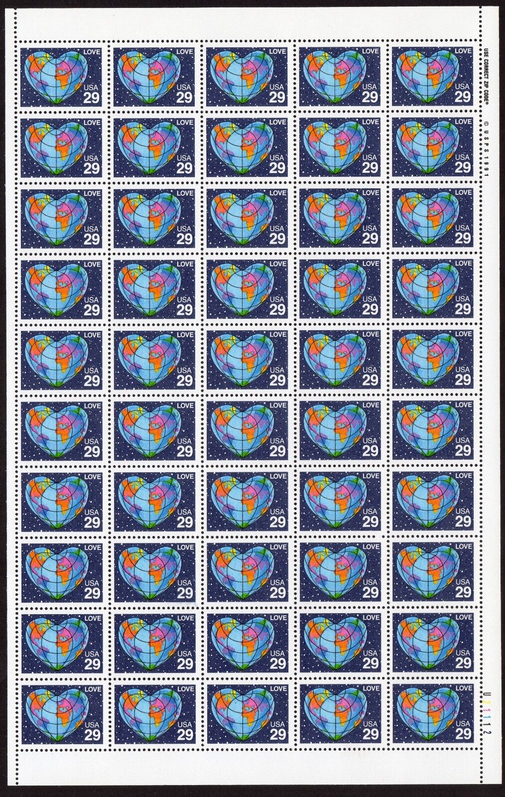 Scott #2535 Heart Globe Map Full Sheet of 50 Stamps - MNH P#U21112 LR