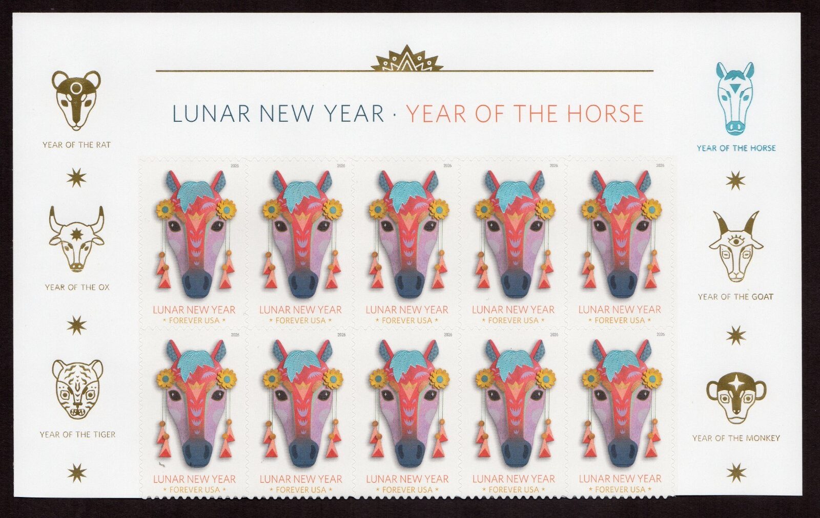 Scott #6054 Lunar (Chinese) New Year Horse Title Block of 10 Stamps - MNH 2026