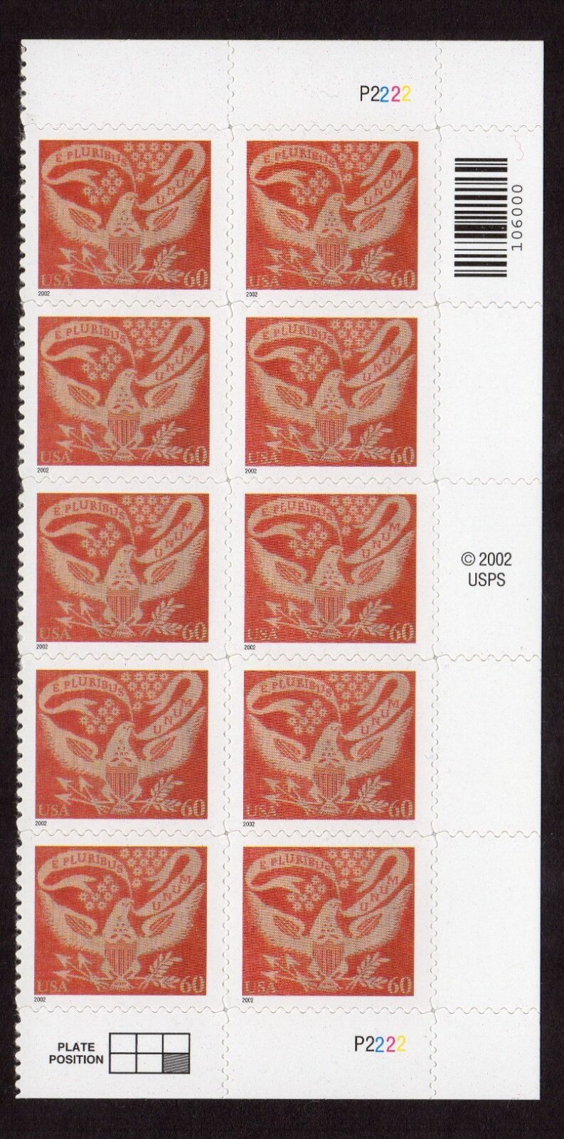 Scott #3646 Eagle Coverlet Plate Block of 10 Stamps- MNH P#P2222 Right
