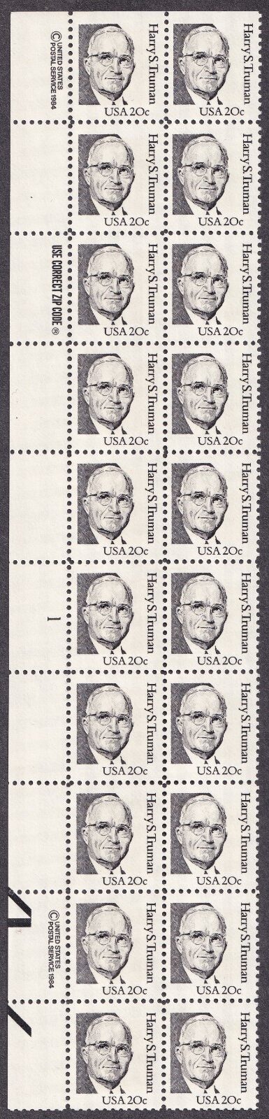 Scott #1862 Harry S. Truman Plate Block of 20 stamps - MNH P#1 LL (2) Copyrights