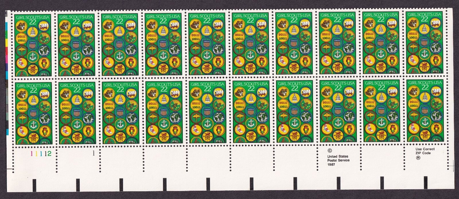 Scott #2251 Girl Scouts Plate Block of 20 Stamps - MNH P#11112-1 LL