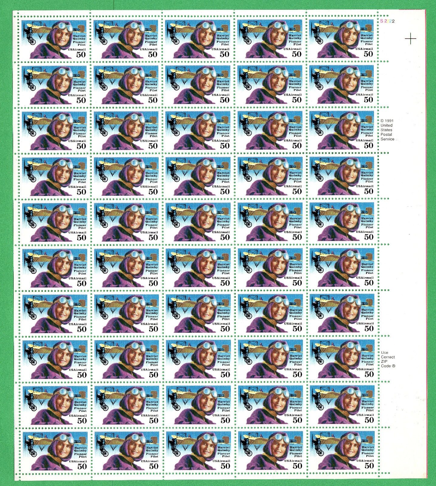 Scott #c128b Harriet Quimby Sheet of 50 Stamps- MNH P#S2222 UR
